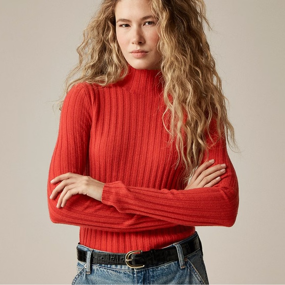 J crew cherry red Wide-rib cashmere turtleneck sweater
